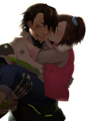 Rule 34 | 10s, 1boy, 1girl, age difference, armor, bad id, bad pixiv id, braid, braided bangs, brown hair, carrying, closed eyes, facial hair, father and daughter, hetero, highres, kaburagi kaede, kaburagi t. kotetsu, kiss, momo uzura, one side up, power armor, power suit, princess carry, short hair, side ponytail, stubble, tears, tiger &amp; bunny, wild tiger