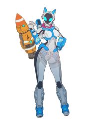 Rule 34 | 1girl, absurdres, animal ears, armor, breasts, cat ears, catball1994, hand on own hip, helmet, highres, kamen rider, kamen rider fourze (series), kamen rider nadeshiko, looking at viewer, power armor, rocket, solo, thighs, white armor, white background, wide hips