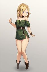 Rule 34 | 1girl, belt, black choker, blonde hair, boots, braid, breasts, brown footwear, child, choker, covered erect nipples, dress, elf, full body, green dress, grey background, hair ornament, hand up, highres, houtengeki, knees together feet apart, leather belt, looking at viewer, medium hair, off-shoulder dress, off shoulder, original, parted lips, pointy ears, puffy short sleeves, puffy sleeves, purple eyes, short dress, short sleeves, side slit, small breasts, solo, standing, wristband, x hair ornament