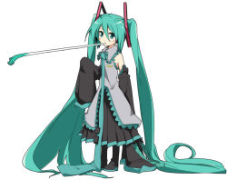 Rule 34 | 1girl, aqua eyes, aqua hair, detached sleeves, hatsune miku, ixy, long hair, necktie, oversized clothes, simple background, skirt, solo, spring onion, twintails, very long hair, vocaloid