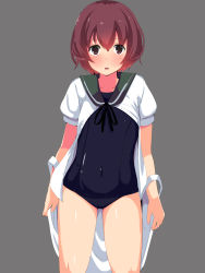 Rule 34 | 10s, 1girl, bad id, bad pixiv id, brown hair, highres, kantai collection, mutsuki (kancolle), old school swimsuit, one-piece swimsuit, red eyes, school swimsuit, school uniform, serafuku, short hair, solo, soo, standing, swimsuit, swimsuit under clothes
