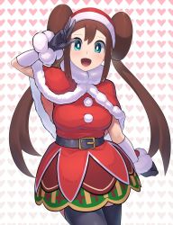 Rule 34 | 1girl, :d, belt, black belt, black gloves, black thighhighs, blush, breasts, bright pupils, brown hair, capelet, creatures (company), double bun, dress, fur-trimmed capelet, fur trim, game freak, gloves, green eyes, hair bun, hand up, hat, heart, heart background, highres, long hair, looking at viewer, nintendo, official alternate costume, open mouth, pokemon, pokemon masters ex, red capelet, red hat, rosa (holiday 2019) (pokemon), rosa (pokemon), santa hat, sidelocks, smile, solo, thighhighs, tongue, twintails, white pupils, xin lan deng