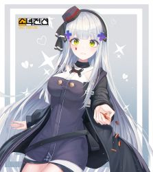Rule 34 | 1girl, bare legs, beret, black coat, black ribbon, black skirt, blue shirt, blunt bangs, blush, border, bow, breasts, bullet, closed mouth, coat, commentary, copyright name, cross hair ornament, english commentary, eyebrows, facial mark, facial tattoo, girls&#039; frontline, green eyes, hair bow, hair ornament, hair ribbon, hairband, hat, head tilt, highres, hk416 (girls&#039; frontline), hk416 (mod3) (girls&#039; frontline), holding, holding bullet, kimi (jxrm5387), large breasts, legs, logo, long hair, looking at viewer, miniskirt, mod3 (girls&#039; frontline), multicolored shirt, off shoulder, outstretched hand, parted bangs, ribbon, shell casing, shirt, sidelocks, silver hair, simple background, skirt, sleeveless, sleeveless shirt, solo, standing, symbol-only commentary, tattoo, teardrop, teardrop tattoo, text background, throwing, two-tone ribbon, very long hair, white border, white ribbon, white shirt