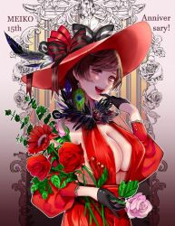 Rule 34 | :d, alternate costume, anniversary, black gloves, breasts, brown hair, character name, cleavage, commentary request, dress, feather collar, flower, gloves, hat, hat feather, itoko (i t k), large breasts, meiko (vocaloid), open mouth, red dress, red hat, red lips, rose, short hair, smile, solo, vocaloid