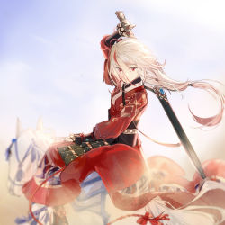 Rule 34 | 1girl, armor, blue sky, chinese armor, chinese clothes, cloud, cloudy sky, drawing sword, fu hua, fu hua (phoenix), hair between eyes, highres, holding, holding sword, holding weapon, honkai (series), honkai impact 3rd, horseback riding, long hair, long sleeves, looking at viewer, multicolored hair, outdoors, ponytail, qqqne, red eyes, riding, sheath, sky, solo, streaked hair, sword, sword behind back, unsheathing, weapon, white hair, white horse