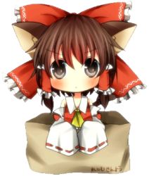 Rule 34 | 1girl, animal ears, ascot, blush, bow, box, brown hair, chibi, detached sleeves, female focus, hair bow, hakurei reimu, in box, in container, japanese clothes, kemonomimi mode, lowres, miko, pasutel, solo, touhou, transparent, transparent background