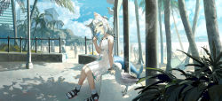 Rule 34 | 1girl, absurdres, animal ears, beach, bird, black footwear, blue eyes, blue hair, blue nails, blue sky, blunt bangs, blush, cat ears, cloud, commentary, day, dress, english commentary, fingernails, fins, fish tail, food, gawr gura, grey hair, hair ornament, head tilt, highres, hirooriginals, holding, hololive, hololive english, knees together feet apart, looking at viewer, medium hair, multicolored hair, nail polish, one eye closed, outdoors, palm tree, parted lips, people, plant, popsicle, sandals, seagull, shark hair ornament, shark tail, sitting, sky, sleeveless, sleeveless dress, socks, streaked hair, striped clothes, striped legwear, striped socks, tail, tree, two side up, virtual youtuber, white dress, wide shot
