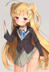 Rule 34 | 1girl, :o, ahoge, ass, azur lane, black jacket, blazer, blonde hair, blue bow, blue bowtie, blush, bow, bow panties, bowtie, choker, collared shirt, commentary request, diagonal stripes, eldridge (azur lane), eldridge (the inquisitive recluse) (azur lane), facial mark, female focus, fujieda uzuki, grey background, grey skirt, hair ornament, hairclip, hand up, heart, heart-shaped pupils, highres, jacket, long hair, panties, panty pull, parted lips, pleated skirt, pulled by self, pussy juice, red eyes, remote control vibrator, sex toy, shirt, simple background, skirt, solo, striped bow, striped bowtie, striped clothes, striped neckwear, symbol-shaped pupils, two side up, underwear, very long hair, vibrator, vibrator under clothes, white panties, white shirt