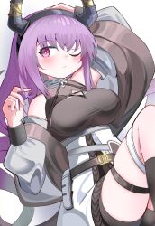 Rule 34 | 1girl, arknights, bare shoulders, black hairband, black shirt, black socks, blush, breasts, detached sleeves, feet out of frame, gradient background, grey background, grey sleeves, hairband, high-waist skirt, highres, horns, large breasts, long sleeves, looking at viewer, lying, on back, one eye closed, puffy long sleeves, puffy sleeves, purple eyes, purple hair, shirt, skirt, socks, solo, spam (spamham4506), typhon (arknights), white background, white skirt