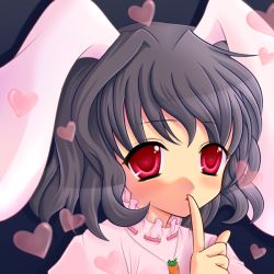 Rule 34 | 1girl, animal ears, bad id, bad pixiv id, black background, black hair, rabbit ears, carrot, female focus, finger to mouth, heart, inaba tewi, maryquant, red eyes, short hair, shushing, solo, touhou