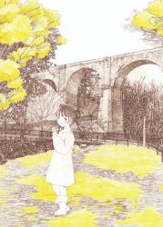 Rule 34 | 1girl, absurdres, boots, braid, dress, highres, long sleeves, looking at viewer, original, shihatsu-chan (densya t), sky, solo, spot color, standing, tree, white dress, white footwear, white sky, wide shot, yellow theme