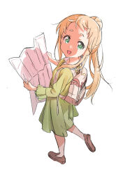 Rule 34 | 1girl, backpack, bag, blonde hair, dot nose, dress, green eyes, highres, holding, holding map, inose mai, koisuru asteroid, map, no socks, open mouth, ponytail, shoes, simple background, solo, standing, white background, yamazaki jun