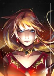 Rule 34 | 1girl, blonde hair, blue eyes, closed mouth, collarbone, dress, earrings, final fantasy, final fantasy xiv, hannah santos, highres, hyur, jewelry, lips, long hair, looking at viewer, lyse hext, necklace, red dress, serious, sparks, swept bangs