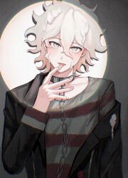 Rule 34 | 1boy, black jacket, chain, collar, collarbone, cream, cream on clothes, cream on face, danganronpa (series), danganronpa another episode: ultra despair girls, erogakikasu (zange chan), food, food on face, grey hair, hair between eyes, hand up, highres, jacket, komaeda nagito, licking, licking finger, long sleeves, looking at viewer, male focus, medium hair, messy hair, metal collar, off shoulder, open clothes, open jacket, servant (danganronpa), shirt, smile, solo, striped clothes, striped shirt, suggestive fluid, tongue, tongue out, white background