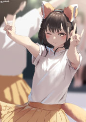 Rule 34 | 3girls, animal ears, blurry, blurry background, blush, brown eyes, brown hair, closed mouth, commentary request, double fox shadow puppet, fake animal ears, fake tail, fox ears, fox shadow puppet, fox tail, jonsun, looking at viewer, misaki (jonsun), multiple girls, one eye closed, original, pleated skirt, shirt, short sleeves, skirt, smile, solo focus, tail, twitter username, white shirt, yellow skirt