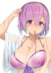 Rule 34 | 1girl, alternate costume, arm at side, bikini, blush, breasts, cleavage, closed mouth, collarbone, commentary request, eyebrows, eyelashes, fate/grand order, fate (series), front-tie bikini top, front-tie top, hair between eyes, hand in own hair, highres, large breasts, looking at viewer, mash kyrielight, mouth hold, navel, purple bikini, purple hair, purple ribbon, red ribbon, ribbon, ribbon in mouth, see-through, shirt, short hair, simple background, smile, solo, standing, swimsuit, upper body, water, wet, wet clothes, wet hair, wet shirt, white background, white bikini, wide sleeves, xiaodi