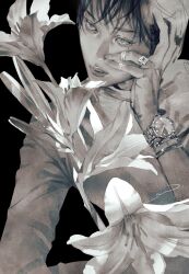 Rule 34 | 1boy, black background, bracelet, closed mouth, flower, greyscale, highres, jewelry, long sleeves, male focus, mole, mole under eye, monochrome, multiple rings, original, ring, shirt, short hair, simple background, solo, upper body, watch, wristwatch, yue (memento1113)