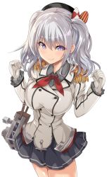 Rule 34 | 1girl, beret, black hat, black skirt, breasts, buttons, epaulettes, frilled sleeves, frills, gloves, grey eyes, hat, highres, jacket, kantai collection, kashima (kancolle), kerchief, large breasts, long sleeves, machinery, military, military jacket, military uniform, miniskirt, neckerchief, pleated skirt, red neckerchief, sidelocks, silver hair, skirt, smile, solo, sumisuzu, tsurime, twintails, uniform, upper body, wavy hair, white gloves, white jacket