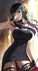Rule 34 | 1girl, black dress, black gloves, black hair, black thighhighs, blood, blood on arm, blood on face, blood on hands, bloody weapon, blurry, blurry background, breasts, contrapposto, cowboy shot, dagger, dress, dual wielding, earrings, floating hair, flower, glint, gloves, gold earrings, gold hairband, hair flower, hair ornament, hairband, hand to own mouth, highres, holding, holding dagger, holding knife, holding weapon, jewelry, knife, large breasts, long hair, looking at viewer, masin0201, red eyes, reverse grip, rose, sidelocks, signature, solo, spy x family, thighhighs, two-sided dress, two-sided fabric, weapon, yor briar, zettai ryouiki