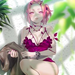 Rule 34 | 1girl, bikini, breasts, chain, commentary request, fingernails, hair ornament, holding, large breasts, leaf, looking at viewer, lying, medium hair, nail polish, on back, original, outdoors, parted lips, pink bikini, pink eyes, pink hair, pink nails, ryohhe, solo, swimsuit, teeth, thighs