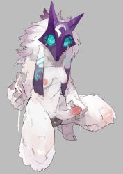 Rule 34 | 1girl, artist request, body fur, breasts, cum, cum on hands, cumdrip, erection, full body, furry, furry female, futanari, glowing, grey background, highres, hooves, kindred (league of legends), lamb (league of legends), league of legends, mask, nipples, penis, sheep girl, simple background, small breasts, solo, testicles, uncensored, white fur, white hair