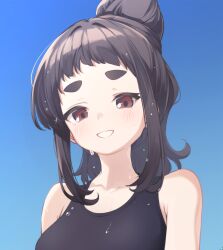 Rule 34 | 1girl, bare shoulders, black hair, black one-piece swimsuit, blue background, breasts, collarbone, commentary request, forehead, hair bun, kuranami shiki, looking at viewer, medium breasts, natsuki teru, one-piece swimsuit, original, red eyes, short eyebrows, smile, solo, swimsuit, thick eyebrows, upper body, wet, wet hair