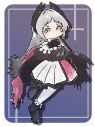 Rule 34 | 1girl, arknights, black dress, black footwear, black gloves, chibi, dress, gloves, grey eyes, grey hair, head wings, highres, irene (arknights), long hair, looking at viewer, multicolored clothes, multicolored dress, nunnuje a u e, pantyhose, pink dress, pink ribbon, ribbon, scar, scar across eye, shoes, simple background, solo, very long hair, white dress, white pantyhose, wings