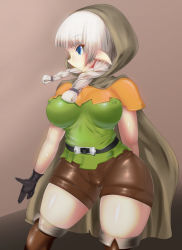 Rule 34 | 1girl, alternate breast size, belt, blue eyes, boots, braid, breasts, covered erect nipples, curvy, dragon&#039;s crown, elf, elf (dragon&#039;s crown), female focus, gloves, gradient background, highres, hip focus, hood, large breasts, pointy ears, shorts, silver hair, solo, standing, thick thighs, thigh boots, thighhighs, thighs, totoya, vanillaware, wide hips