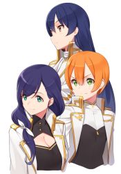 Rule 34 | 10s, 3girls, alternate costume, aqua eyes, bad id, bad twitter id, breasts, cleavage, green eyes, hair between eyes, hoshizora rin, jacket, lily white (love live!), long hair, looking away, love live!, love live! school idol project, medium breasts, military, military uniform, multiple girls, open clothes, open jacket, purple hair, short hair, simple background, sonoda umi, ssberit, tojo nozomi, uniform, upper body, white background