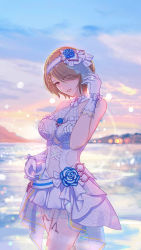 Rule 34 | 1girl, absurdres, alternate costume, bare shoulders, blurry, blurry background, blush, bokeh, braid, breasts, bride, brown hair, cleavage, cloud, depth of field, dress, earrings, flower, glint, gloves, hair flower, hair ornament, highres, honkai (series), honkai impact 3rd, jewelry, lace, lace-trimmed legwear, lace trim, large breasts, looking at viewer, mangshe jiao, ornate ring, outdoors, parted lips, ring, rita rossweisse, rita rossweisse (artemis), rita rossweisse (vow of roses), short hair, smile, solo, sunset, thighhighs, water, wedding dress, wedding ring, white dress, white gloves, white thighhighs