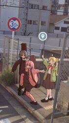 Rule 34 | 3girls, ^ ^, absurdres, ahoge, black footwear, blonde hair, blue eyes, blue hair, bocchi the rock!, bow, bowtie, building, chain-link fence, closed eyes, cube hair ornament, detached ahoge, expressionless, fence, full body, gotoh hitori, green jacket, grey skirt, guitar case, hair ornament, high school girls posing for google street view (meme), highres, ijichi nijika, instrument case, jacket, loafers, long hair, long sleeves, looking at viewer, machuuu68, meme, multiple girls, one side up, open clothes, open jacket, outdoors, overhead line, photo-referenced, photo background, pink hair, pink jacket, pink track suit, pleated skirt, raised curb, red bow, red bowtie, road sign, shirt, shoes, sidewalk, sign, skirt, smile, socks, tactile paving, track jacket, track suit, white shirt, white socks, yamada ryo