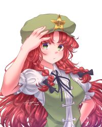 Rule 34 | 1girl, absurdres, arm up, black bow, bow, braid, breasts, cabbie hat, chinese clothes, collared shirt, evermythic, green eyes, green hat, green vest, hair bow, hat, highres, hong meiling, medium breasts, puffy short sleeves, puffy sleeves, red hair, shirt, short sleeves, signature, simple background, solo, touhou, twin braids, upper body, vest, white background, white shirt