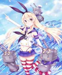 Rule 34 | 10s, 1girl, anchor hair ornament, bare shoulders, black neckerchief, blonde hair, blue skirt, blue sky, bow, brown eyes, cloud, crop top, day, elbow gloves, gloves, grin, hair bow, hair ornament, hairband, highleg, highleg panties, highres, kantai collection, lifebuoy, long hair, looking at viewer, midriff, navel, neckerchief, ocean, panties, pleated skirt, pointing, pointing up, rensouhou-chan, shimakaze (kancolle), skirt, sky, smile, soda (sodachuxd), solo, striped clothes, striped thighhighs, swim ring, thighhighs, underwear, white gloves