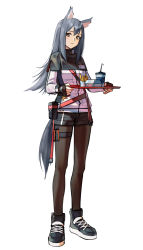 Rule 34 | 1girl, absurdres, animal ears, arknights, black footwear, black gloves, black hair, black pantyhose, black shorts, brown eyes, cup, disposable cup, fast food, fingerless gloves, food, french fries, full body, gloves, head tilt, highres, holding, holding tray, jacket, long hair, long sleeves, looking at viewer, pantyhose, pantyhose under shorts, pouch, shoes, shorts, simple background, solo, standing, tachi-e, tail, texas (arknights), tray, vladislav ton, white background, white jacket, wolf ears, wolf girl, wolf tail