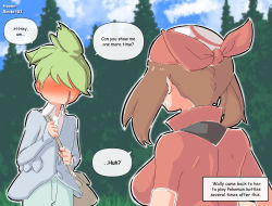 Rule 34 | 1boy, 1girl, bag, bandana, blood, blue cardigan, blue shirt, blush, breasts, brown bag, brown hair, cameltoe, cardigan, collared shirt, creatures (company), english text, faceless, faceless male, from behind, game freak, grass, green hair, green pants, high collar, highres, long sleeves, looking at another, may (pokemon), nintendo, no mouth, nosebleed, outdoors, pants, pokemon, pokemon oras, pokemon rse, red headwear, red shirt, shirt, short sleeves, shoulder bag, sleeves past wrists, speech bubble, sweatdrop, teeth, tree, wally (pokemon), white shirt, woomochi