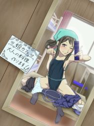 Rule 34 | 10s, 1girl, ;p, apron, barefoot, bed, black hair, blush, breasts, brown eyes, bunk bed, cellphone, chair, desk, dom (jiromike2000), dutch angle, female focus, flip phone, full body, hanasaku iroha, heart, indoors, long hair, medium breasts, mirror, naked apron, one eye closed, panties around leg, phone, pink curtains, reflection, selfie, sign, sitting, skirt, skirt around one leg, solo, tagme, text focus, tongue, tongue out, translation request, tsurugi minko, wariza, window, wink