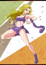Rule 34 | 1990s (style), 1girl, ayla (chrono trigger), blonde hair, blue eyes, breasts, chrono trigger, cleavage, curly hair, fur trim, hand on own hip, hayase kento, large breasts, long hair, looking at viewer, solo