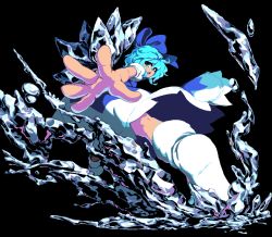Rule 34 | 1girl, blue dress, blue eyes, blue hair, cirno, dress, foreshortening, ice, ice wings, looking at viewer, looking back, namako daibakuhatsu, open mouth, pixel art, puffy short sleeves, puffy sleeves, short hair, short sleeves, smile, solo, touhou, wings