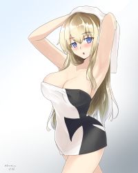 Rule 34 | blonde hair, blue eyes, breasts, cleavage, cowboy shot, drying, drying hair, gradient background, graf zeppelin (kancolle), highres, kantai collection, large breasts, one-hour drawing challenge, open mouth, sidelocks, simple background, solo, towel, utsumi karmin