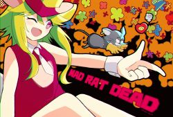Rule 34 | 1boy, 1girl, animal ears, blush stickers, ear tag, gloves, green hair, hat, highres, leotard, mad rat, mad rat dead, mouse (animal), mouse ears, mouse girl, mouse tail, nippon ichi, rat god, red eyes, stitches, tail, tie clip, top hat, wrist cuffs