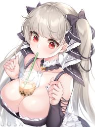 Rule 34 | 1girl, azur lane, bare shoulders, between breasts, breasts, bubble tea, bubble tea challenge, cleavage, dress, drinking straw, formidable (azur lane), frilled dress, frills, grey hair, hair ribbon, highres, large breasts, long hair, red eyes, ribbon, solo, twintails, two-tone dress, two-tone ribbon, uosaasou, upper body, white background