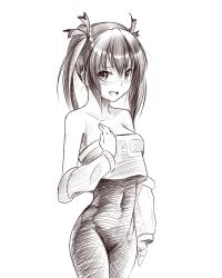 Rule 34 | 1girl, :o, alternate costume, black hair, blush, boa (brianoa), breasts, cosplay, covered navel, cowboy shot, crop top, crop top overhang, detached sleeves, embarrassed, greyscale, hair between eyes, hair ribbon, hand on breast, highres, legaia densetsu, long hair, looking at viewer, monochrome, neptune (series), noa, noa (cosplay), noa (legaia densetsu), noa (legaia densetsu) (cosplay), noire (neptunia), open mouth, raised eyebrows, ribbon, sidelocks, simple background, sketch, solo, source request, strapless, tube top, twintails, unitard