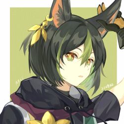 Rule 34 | 1boy, animal ears, arm up, black gloves, black hair, black jacket, border, chana tuya (ohmycrystal), chinese commentary, close-up, commentary request, dated, drawstring, ear ornament, expressionless, fox boy, fox ears, genshin impact, gloves, green background, green eyes, green hair, hair between eyes, highres, hood, hood down, hooded jacket, jacket, looking at viewer, male focus, multicolored eyes, multicolored hair, orange eyes, orange gloves, outside border, parted lips, portrait, short hair, short sleeves, solo, streaked hair, tighnari (genshin impact), white border, yellow pupils