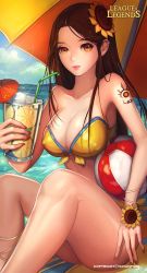 Rule 34 | 1girl, alternate costume, ankle lace-up, arm tattoo, artist name, bad id, bad perspective, bad pixiv id, ball, bangle, bare back, beach umbrella, beachball, bendy straw, bikini, blue sky, bracelet, breasts, brown eyes, brown hair, cloud, cloudy sky, cocktail umbrella, copyright name, covered erect nipples, cross-laced footwear, cup, day, drinking glass, drinking straw, ear piercing, fingernails, flower, food, front-tie top, fruit, hair flower, hair ornament, hayanpool, highres, holding, holding cup, holding drinking glass, ice, ice cube, jewelry, jpeg artifacts, large breasts, league of legends, legs, lemon, lemon slice, leona (league of legends), lips, long fingernails, long hair, looking at viewer, nail polish, ocean, orange nails, outdoors, parted lips, piercing, pink lips, pool party leona, signature, sitting, sky, solo, sparkle, strapless, strapless bikini, sun, sunflower, sunlight, swimsuit, tattoo, umbrella, water