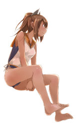 Rule 34 | 10s, 1girl, arms between legs, barefoot, brown eyes, brown hair, cloud, feet, from below, full body, i-401 (kancolle), kantai collection, lens flare, looking afar, looking away, looking to the side, one-piece swimsuit, outdoors, ponytail, profile, sailor collar, school swimsuit, short ponytail, simple background, sitting, solo, swimsuit, swimsuit under clothes, tan, toes, v arms, white background, yumesato makura
