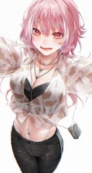 Rule 34 | 1girl, :d, breasts, cleavage, highres, jewelry, kabedon, lighter, long hair, looking at viewer, midriff, mole, mole under eye, navel, navel piercing, necklace, open mouth, original, piercing, pink hair, red eyes, see-through, sinomi, smile, solo