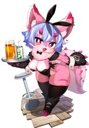 Rule 34 | 1girl, absurdres, animal ears, animal hands, beer mug, blue hair, breasts, cup, fake animal ears, full body, fur, furry, gloves, highres, horns, jovejun, large breasts, mug, open mouth, pink eyes, pink fur, short hair, smile, tail, thighhighs, thighs, tray, waitress, wooden floor