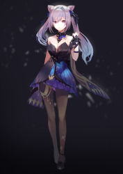 Rule 34 | 1girl, bare shoulders, black background, black bow, black dress, black footwear, black pantyhose, blue flower, blue hair, bow, breasts, cleavage, closed mouth, collarbone, cone hair bun, dress, flower, full body, genshin impact, gradient hair, hair between eyes, hair bow, hair bun, hair flower, hair intakes, hair ornament, high heels, keqing (genshin impact), layered dress, looking at viewer, medium breasts, multicolored hair, pantyhose, purple hair, red eyes, sayuumigi, short dress, smile, solo, standing, strapless, twintails