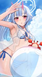 Rule 34 | 1girl, :o, ball, beachball, bikini, blue archive, blue sky, breasts, chise (blue archive), chise (swimsuit) (blue archive), cloud, crab, day, halo, highres, horns, hoshimiya aki, long hair, looking at viewer, medium breasts, official alternate costume, oni horns, outdoors, pointy ears, red eyes, red horns, side-tie bikini bottom, side ponytail, sky, solo, striped bikini, striped clothes, swimsuit, wet