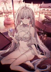 Rule 34 | 1girl, ahoge, barefoot, bikini, breasts, cocktail glass, collarbone, commentary, cup, drinking glass, fate/grand order, fate (series), frilled bikini, frills, glass, highres, holding, holding cup, lady avalon (fate), long hair, looking at viewer, medium breasts, merlin (fate/prototype), navel, palm tree, parted lips, pink eyes, pool, poolside, sitting, smile, solo, sunset, swimsuit, tamitami, tree, twintails, very long hair, white bikini, white hair